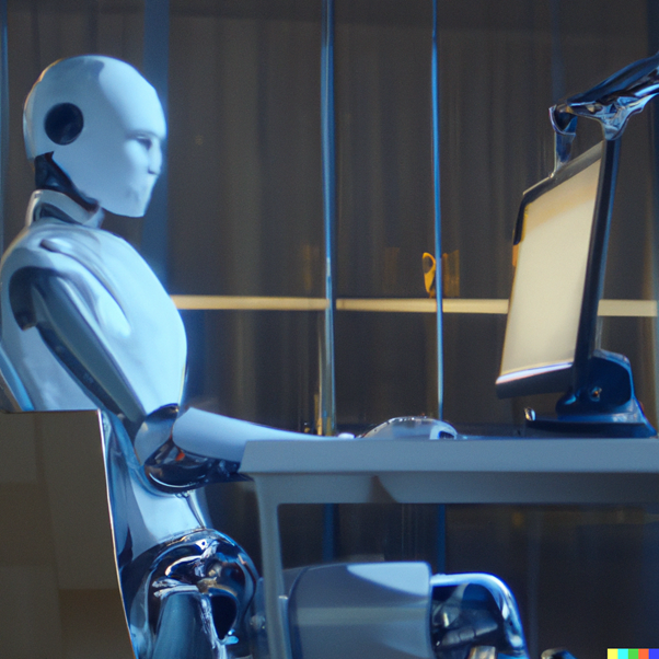 A picture of a humanoid robot using a computer. Generated using DALL-E artificial intelligence